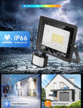 Outdoor flood light with IP66 rating on a snowy night background